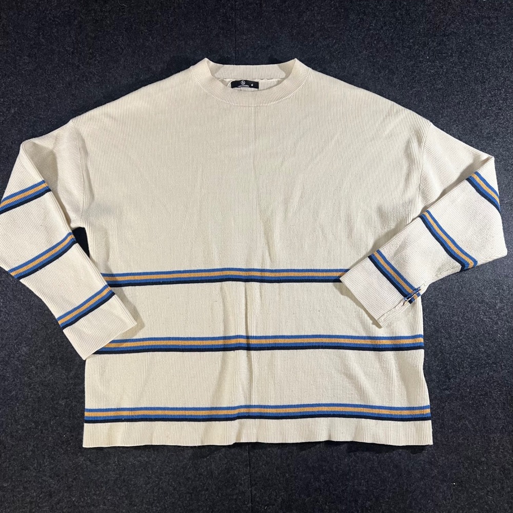 Lillusory Ribbed Sweater Womens XL Cream Blue Striped Oversized Crewneck 90s